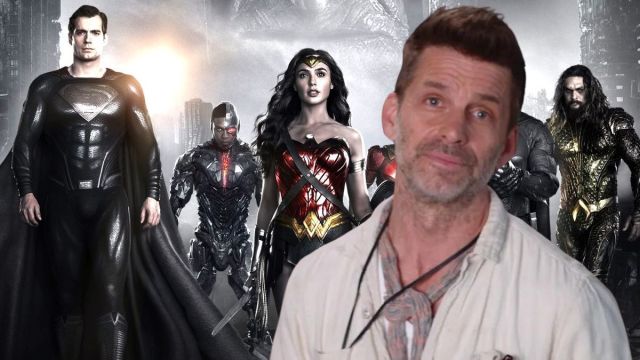 Zack Snyder superimposed over a poster for the Justice League Snyder Cut