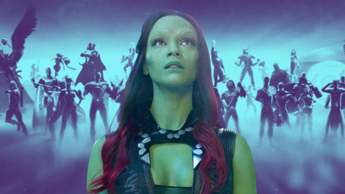 Zoe Saldana as Gamora superimposed over a blue-hued still from the DCEU intro.