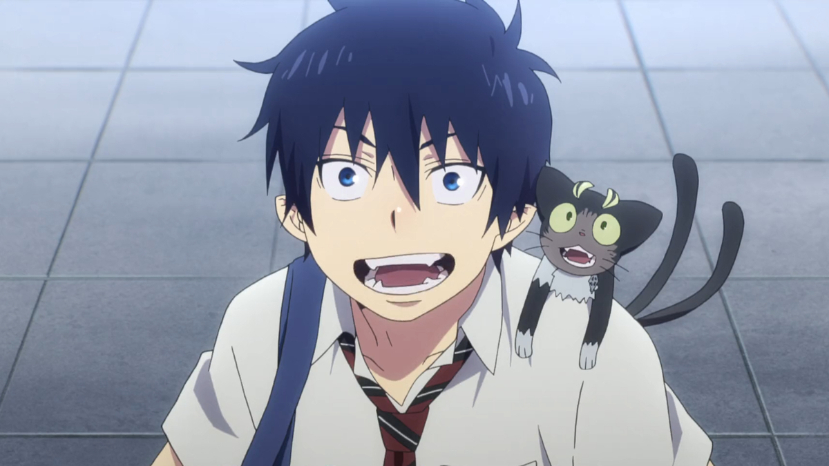 Rin Okumura with Kuro on his shoulder in season 2, episode 2 of 'Blue Exorcist.'