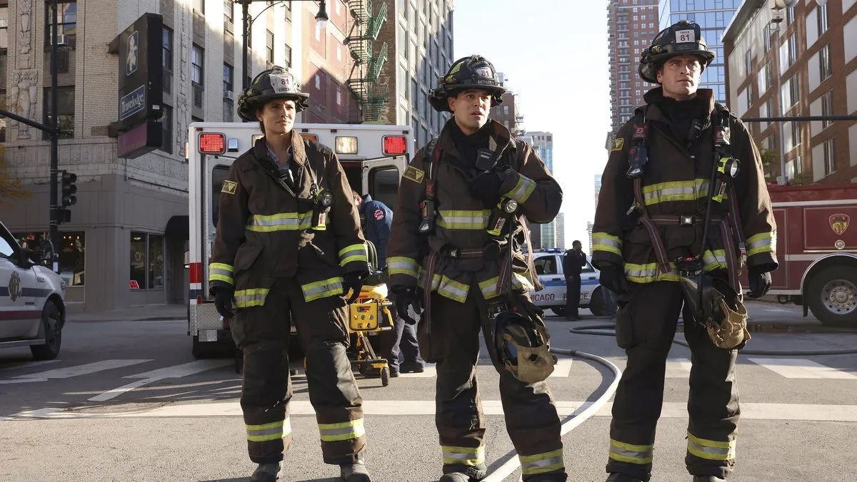 Miranda Rae Mayo, Alberto Rosende, and Jake Lockett in Chicago Fire season 11