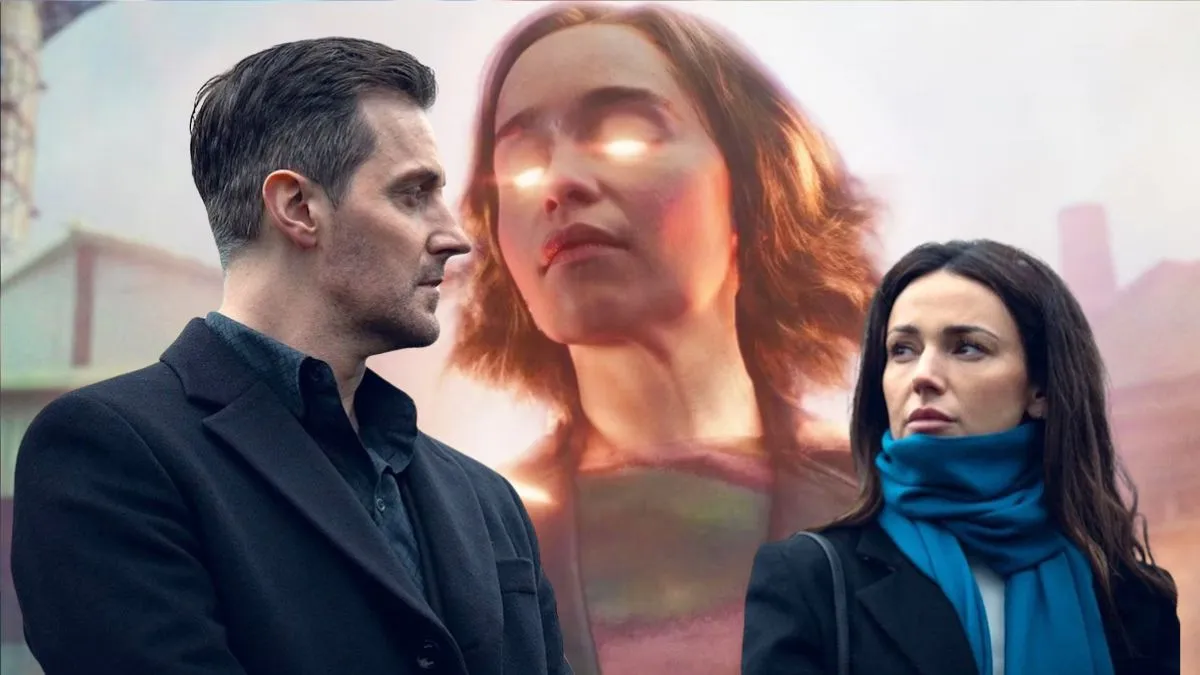Maya and Joe from Netflix's Fool Me Once superimposed over a glowing Emilia Clarke from Marvel's Secret Invasion