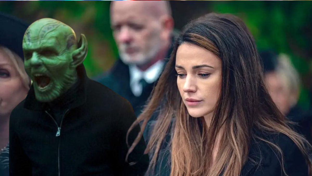 A screaming Skrull from Marvel's Secret Invasion superimposed over the funeral scene from Netflix's Fool Me Once.