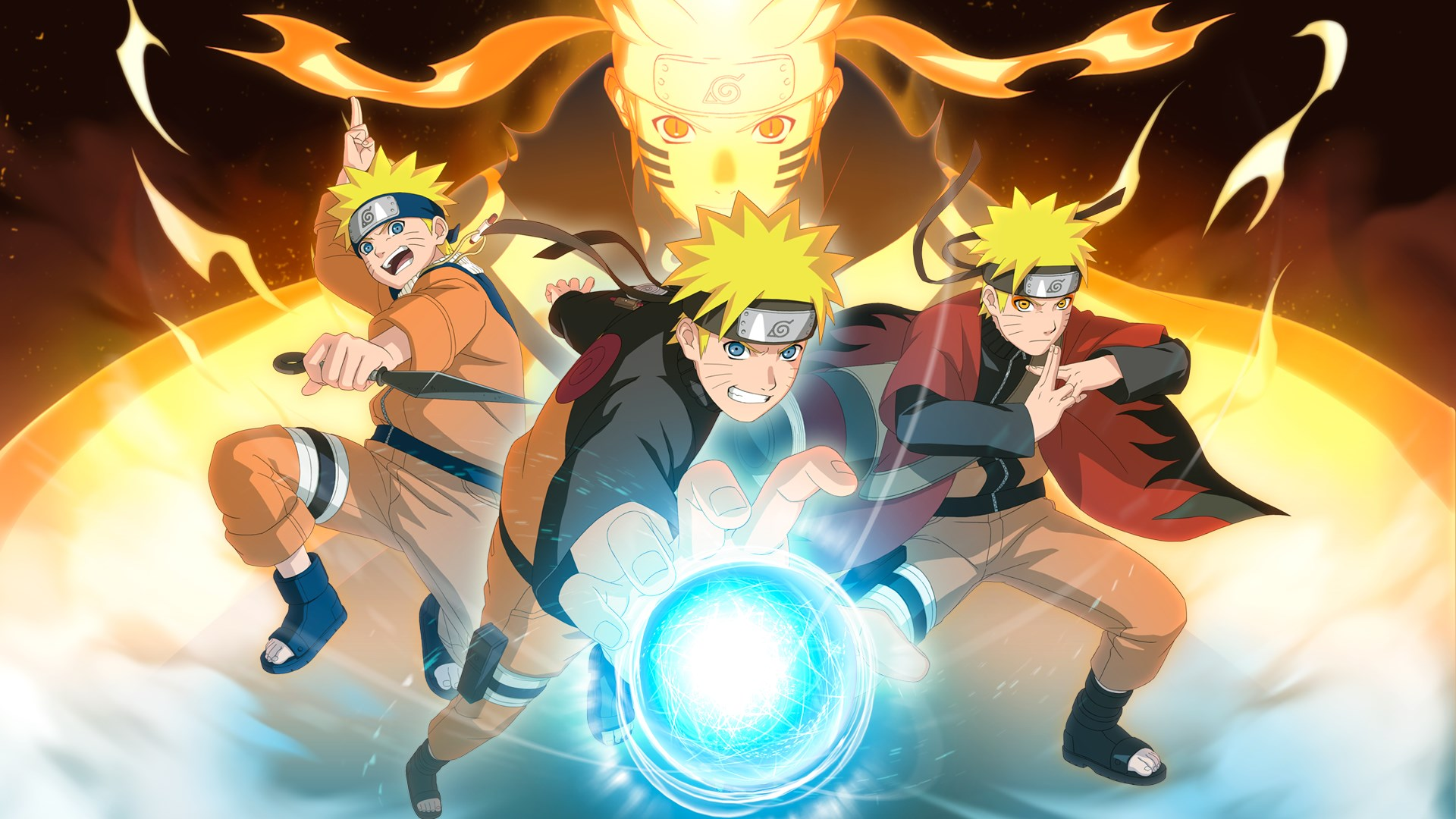 Multiple Narutos are shown in front of a flaming background.