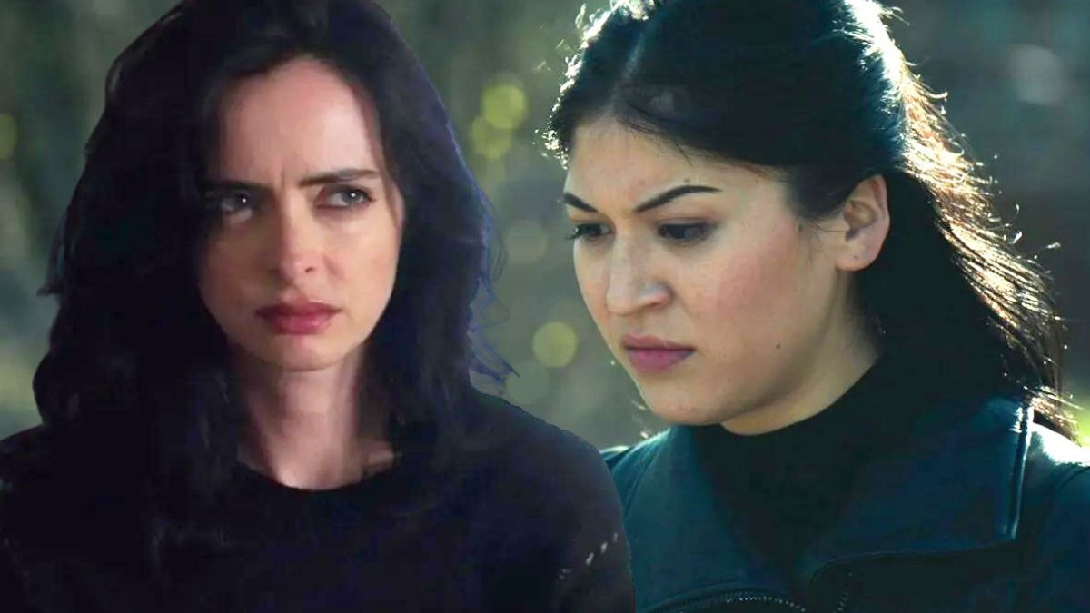 A skeptical-looking Jessica Jones superimposed over a forlorn Maya Lopez in Echo.