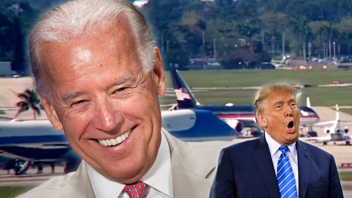 Joe Biden laughing while Donald Trump says something stupid with their planes side-by-side on a runway behind them