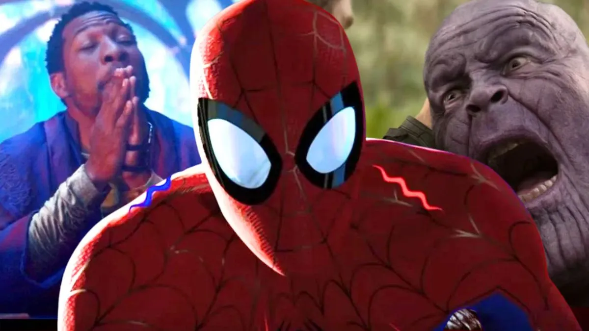 Animated Spider-Man with his Spidey-sense tingling superimposed over shots of He Who Remains from Loki and Thanos getting stabbed by Thor in Avengers: Infinity War.