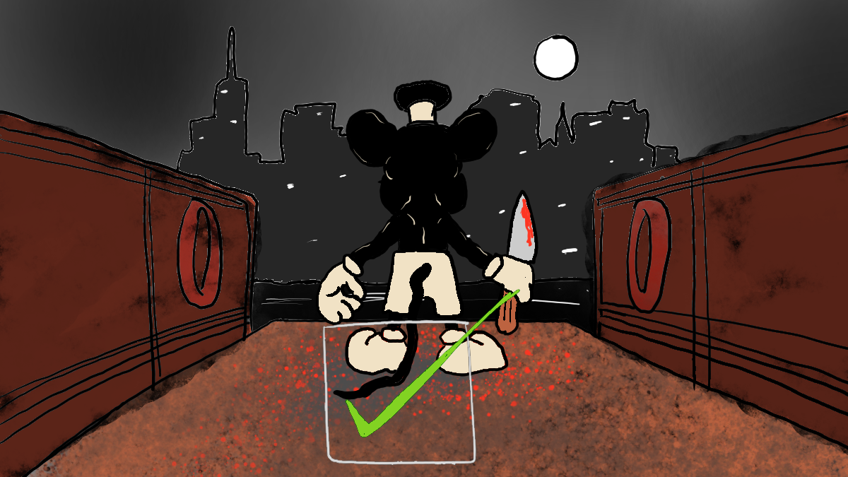 A cartoon version of the announcement image for Sleight of Hand Productions' yet-unnamed Mickey Mouse horror movie