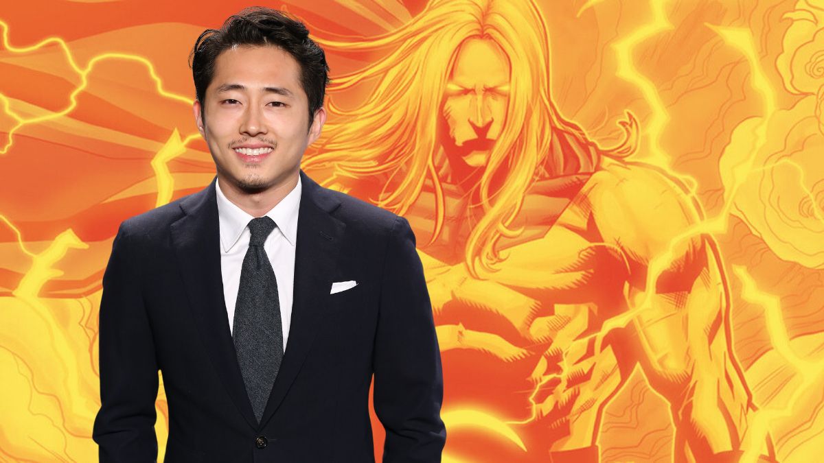 Steven Yeun attends the Vanity Fair Campaign Hollywood - Fiat Young Hollywood Party superimposed over a yellow-hued image of Sentry from Marvel Comics