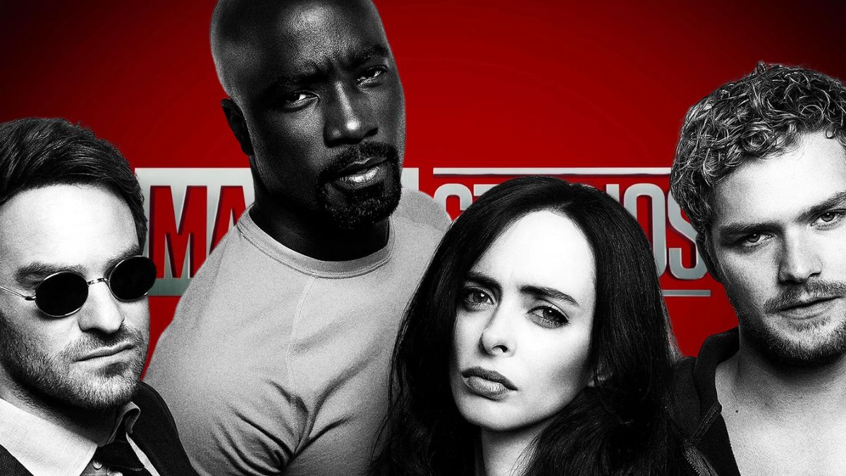 The Defenders in monochrome superimposed over the Marvel Studios logo