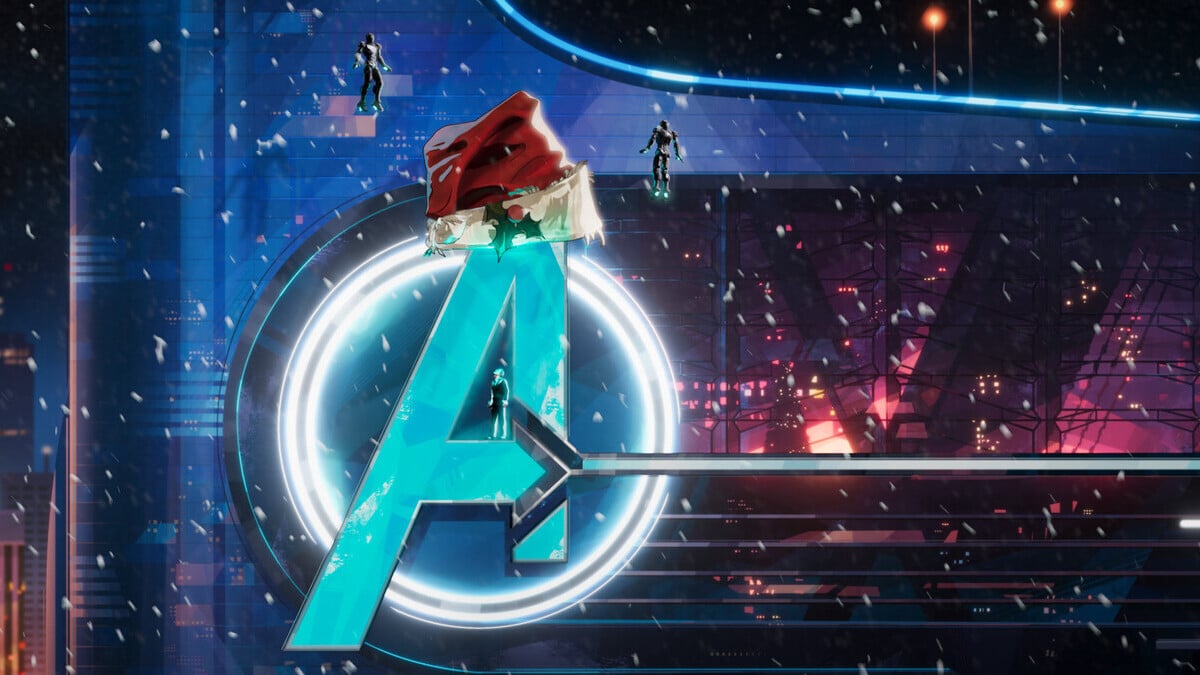 The Avengers Tower with a giant Christmas hat above the A attached to the side of the building in What If...? season 2. 