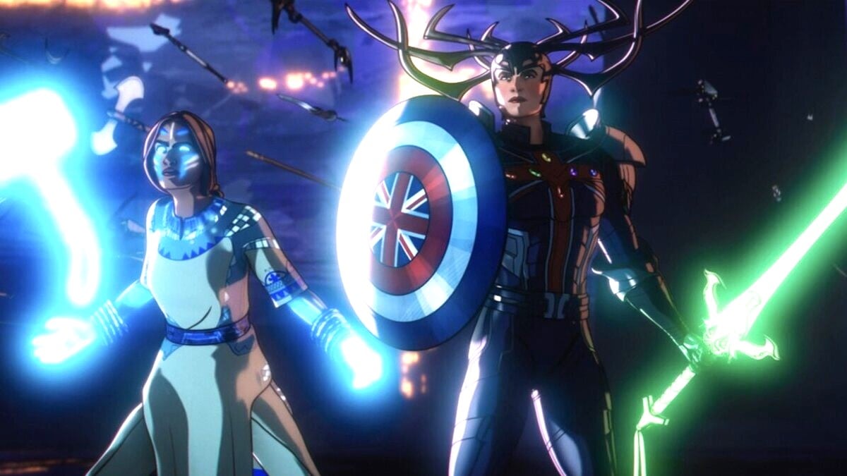 Kahhori wields a glowing Mjolnir and Captain Carter is armed with her shield, a gamma-irradiated sword and Hela's helmet in What If...? season 2 episode 9