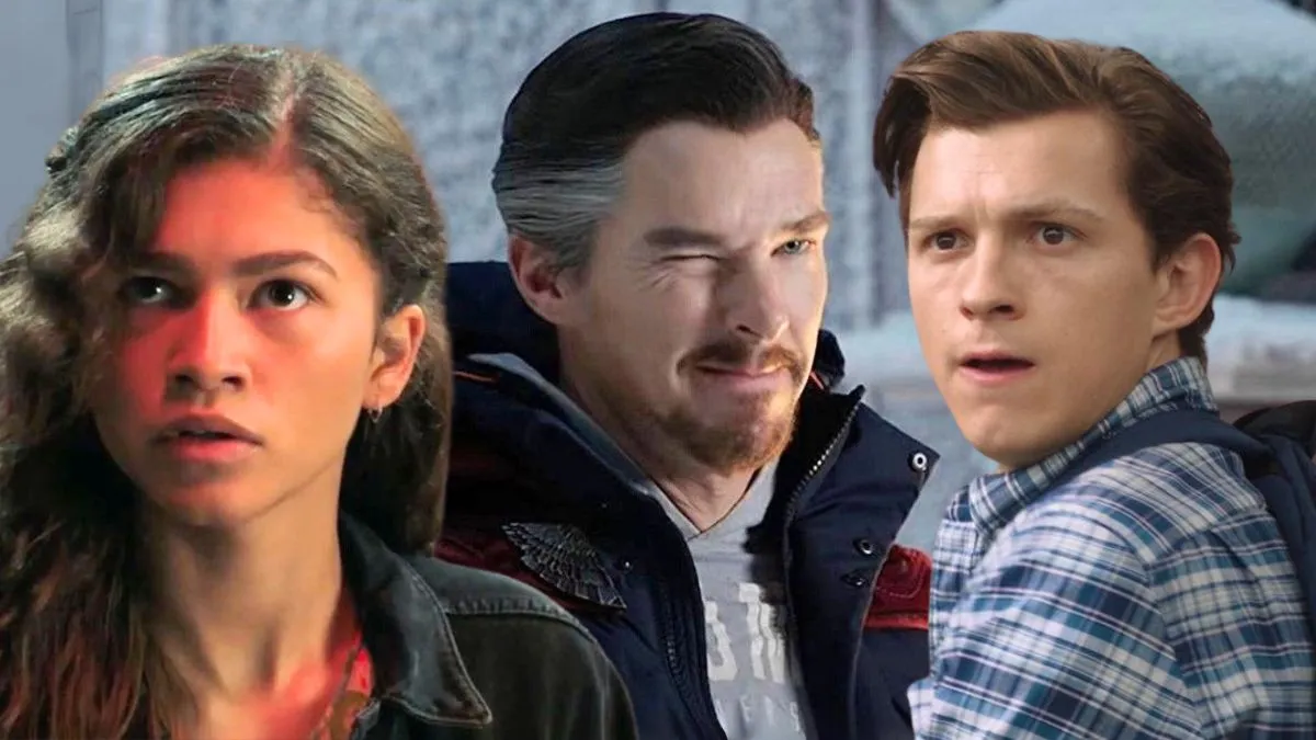 A scared-looking MJ (Zendaya) and an alarmed Peter Parker (Tom Holland) superimposed over Doctor Strange (Benedict Cumberbatch) winking from Spider-Man: No Way Home.