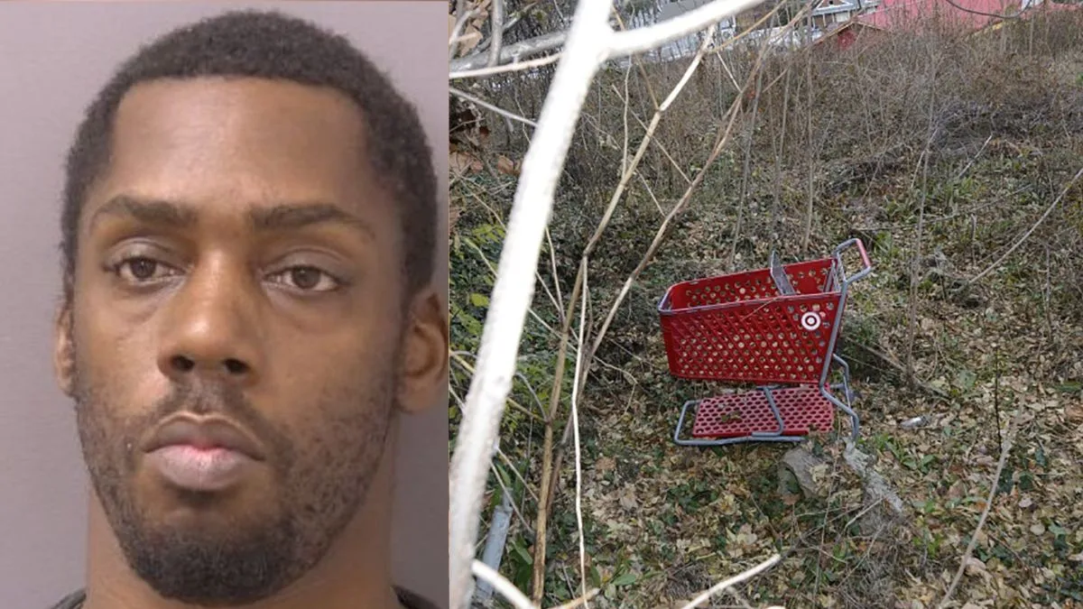 Anthony Robinson mugshot/crime scene photo of shopping cart in a wood
