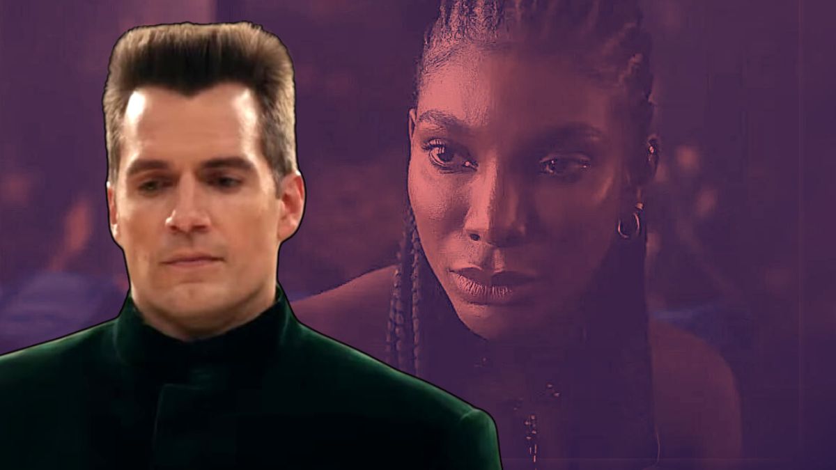 A glum-looking Agent Argylle (Henry Cavill) overlaid on a screencap of Michaela Coel in Mr. & Mrs. Smith