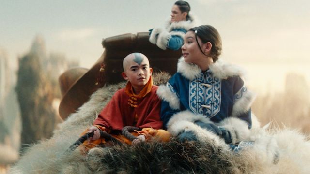 Aang, Sokka and Katara riding Appa in Avatar: The Last Airbender