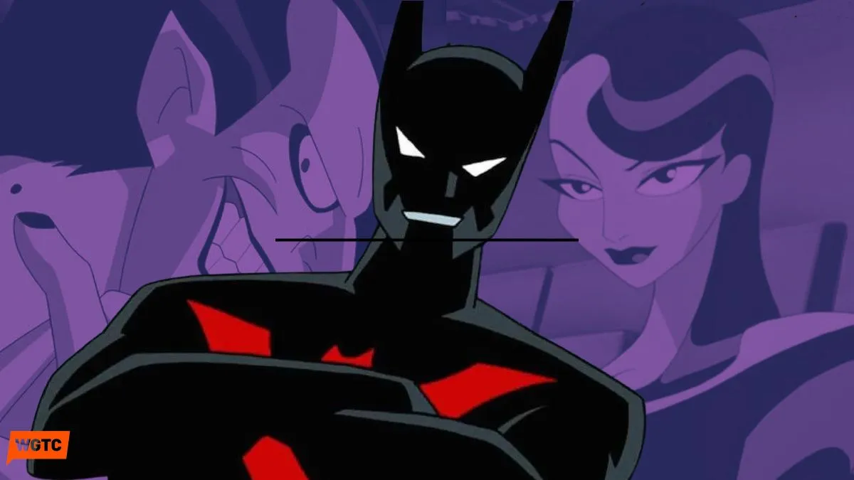 Terry McGinnis' Batman folds his arms superimposed over purple-hued images of Tim Drake's Joker and Inque from Batman Beyond