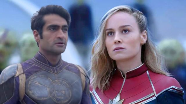 Kumail Nanjiani's Kingo looks glum in Eternals/Brie Larson's Captain Marvel pulls a serious expression in The Marvels