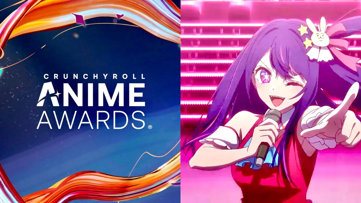 A split image of Crunchyroll Anime Awards poster and Ai Hoshino from the nominee for Best New Series, ‘Oshi No Ko’