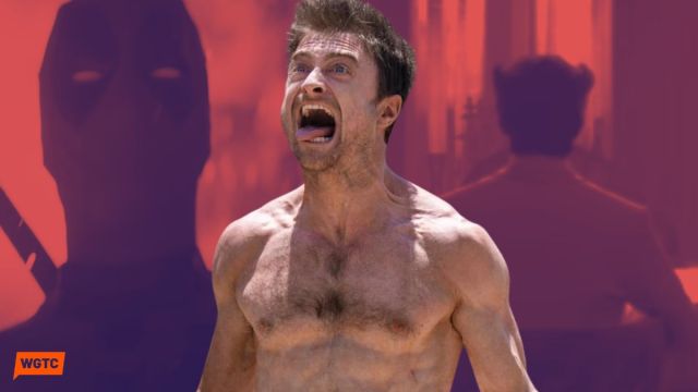 Daniel Radcliffe rages out topless in Miracle Workers overlaid on red-hued screenshots of Deadpool and Wolverine from the Deadpool 3 trailer