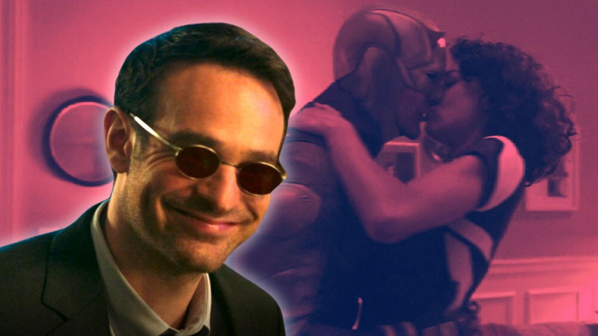 Matt Murdock (Charlie Cox) grins in a screencap from She-Hulk/Daredevil and She-Hulk kiss passionately