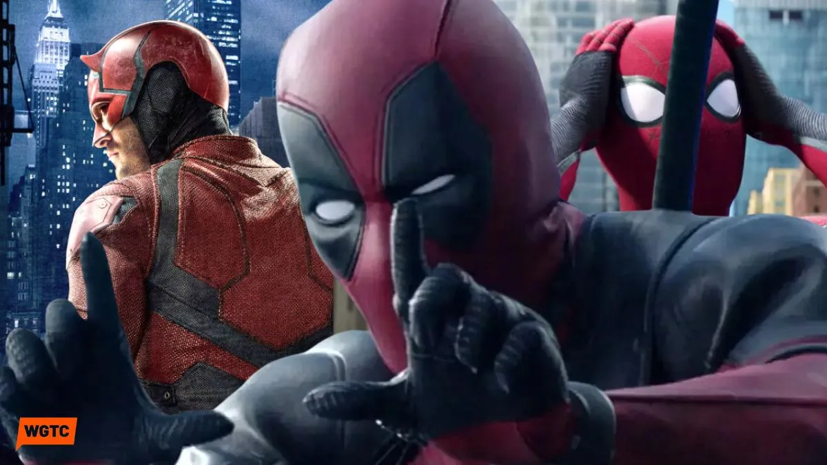 Deadpool forms a frame with his hands with Charlie Cox's Daredevil and Tom Holland's Spider-Man behind him
