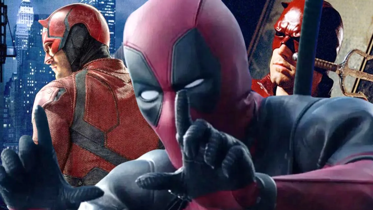 Deadpool forms a frame with his hands with Charlie Cox's Daredevil and Ben Affleck's Daredevil behind him