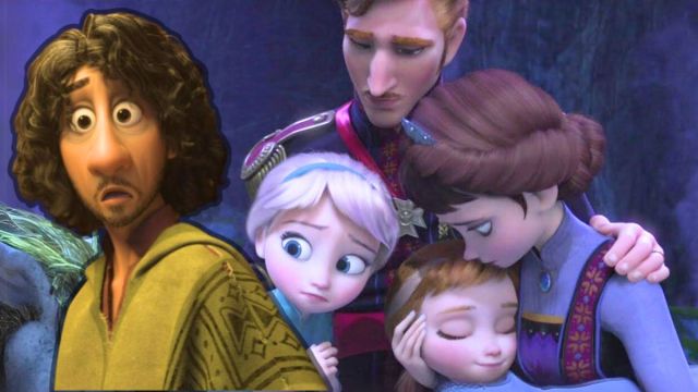 Bruno from Encanto looks shocked superimposed over young Anna and Elsa hugging their parents in Frozen