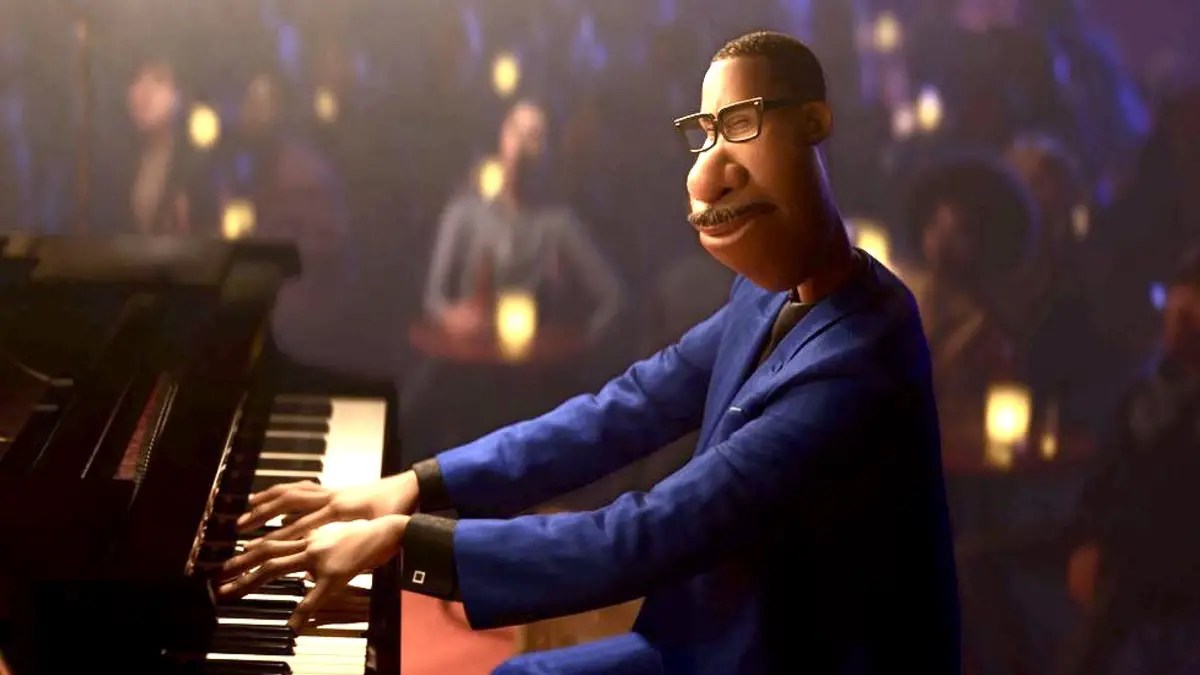 A still image of Joe Gardener playing the piano in the Disney movie, ‘Soul’