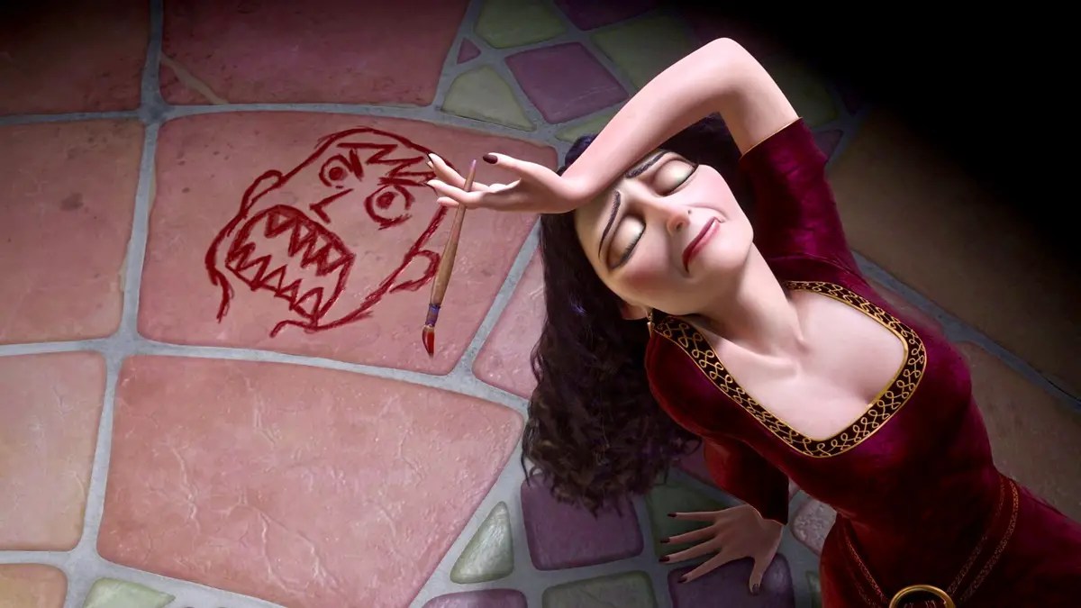 Uma imagem estática de Mãe Gothel em uma pose representando “agonia” no filme da Disney, 'Tangled'