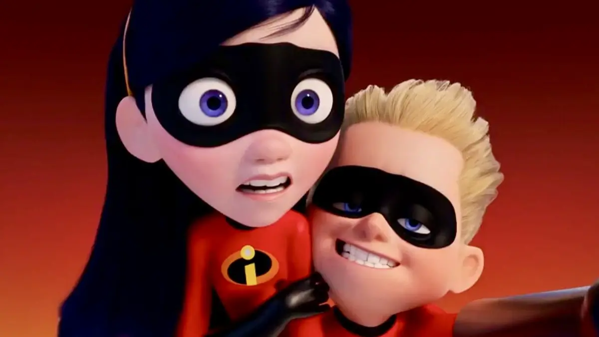 A still image of Dash and Violet taking a selfie from the Disney Pixar movie, ‘The Incredibles’