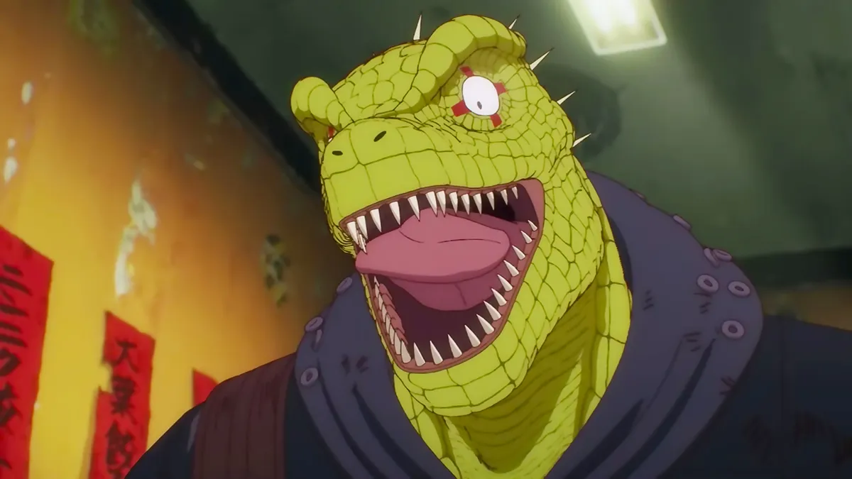 Kaiman during episode one of Dorohedoro, talking with his tongue showing