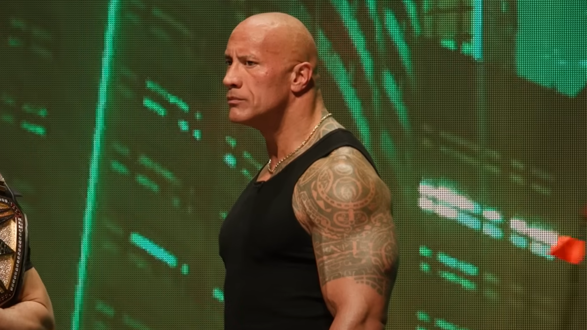Dwayne "The Rock" Johnson looks contemplative at a Las Vegas press event for WWE.
