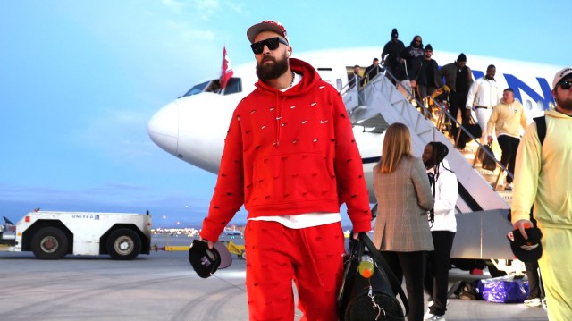 Travis Kelce #87 of the Kansas City Chiefs arrives for Super Bowl LVIII at the Harry Reid International Airport on February 4, 2024 in Las Vegas, NV. Super Bowl LVIII will be played between the Kansas City Chiefs and the San Francisco 49ers on February 11th at Allegiant Stadium in Las Vegas, Nevada. (Photo by Perry Knotts/Getty Images)