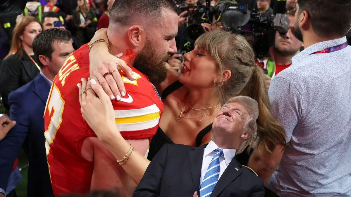 Travis Kelce #87 of the Kansas City Chiefs kisses Taylor Swift after defeating the San Francisco 49ers 2 during Super Bowl LVIII at Allegiant Stadium on February 11, 2024 in Las Vegas, Nevada. (Photo by Ezra Shaw/Getty Images) with Donald Trump staring at eclipse