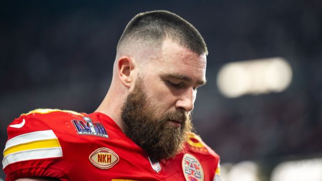 Tight end Travis Kelce #87 of the Kansas City Chiefs walks off the field after the first half during Super Bowl LVIII against the San Francisco 49ers at Allegiant Stadium on February 11, 2024 in Las Vegas, Nevada. (Photo by Luke Hales/Getty Images)