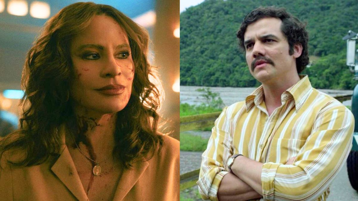 Griselda Blanco (Sofia Vergara) in Griselda/Pablo Escobar (Wagner Moura) in Narcos