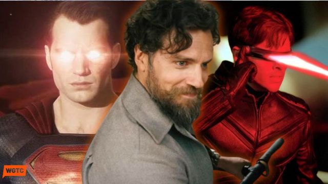A grinning Henry Cavill superimposed over his Superman with glowing heat vision and Cyclops (James Marsden) with his eye blast