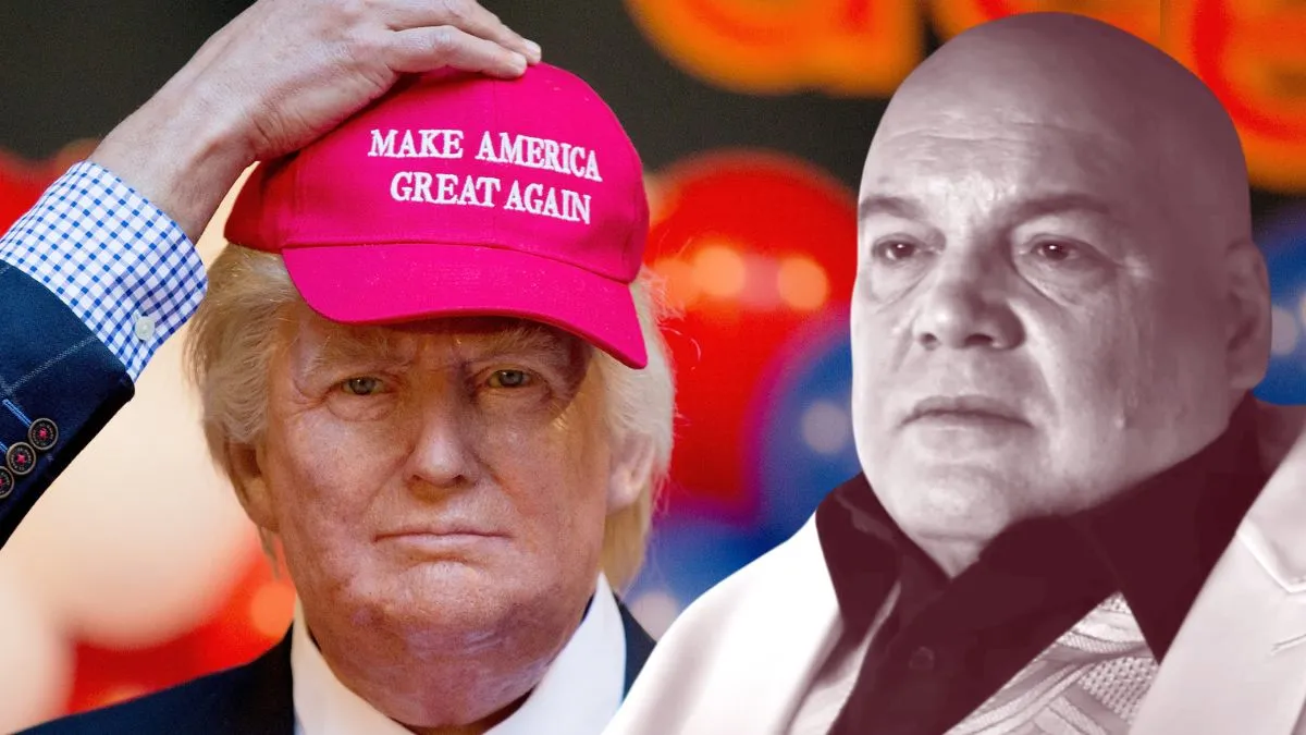 A worker places a cap reading 'Make America great again' on the head of US President-elect Donald Trump wax figure during its presentation outside Madrid Wax Museum/Vincent D'onofrio's Kingpin looks glum in a screenshot from Marvel's Echo