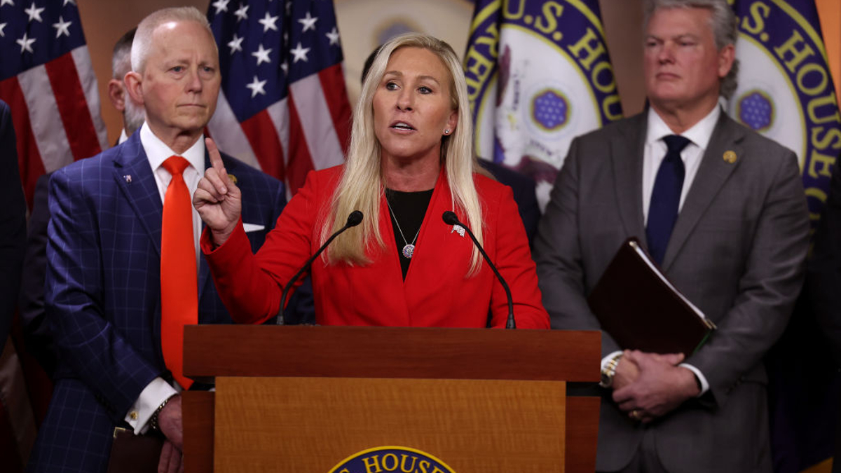 U.S. Rep. Marjorie Taylor Greene (R-GA), joined by fellow Republicans, speaks on President Trump's involvement with January 6 during a press conference at the U.S. Capitol on February 06, 2024 in Washington, DC. Rep. Matt Gaetz (R-FL) introduced a Sense of Congress resolution stating that former President Trump did not engage in insurrection on January 6, 2021.