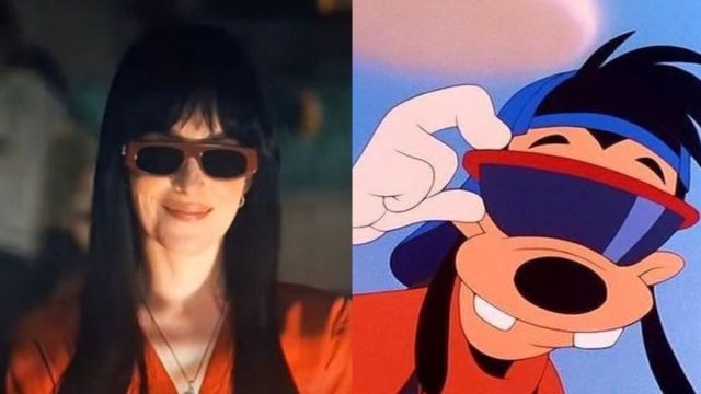 Cassie Webb (Dakota Johnson) wears shades red frames in Madame Web/Max wears shades with red frames in A Goofy Movie