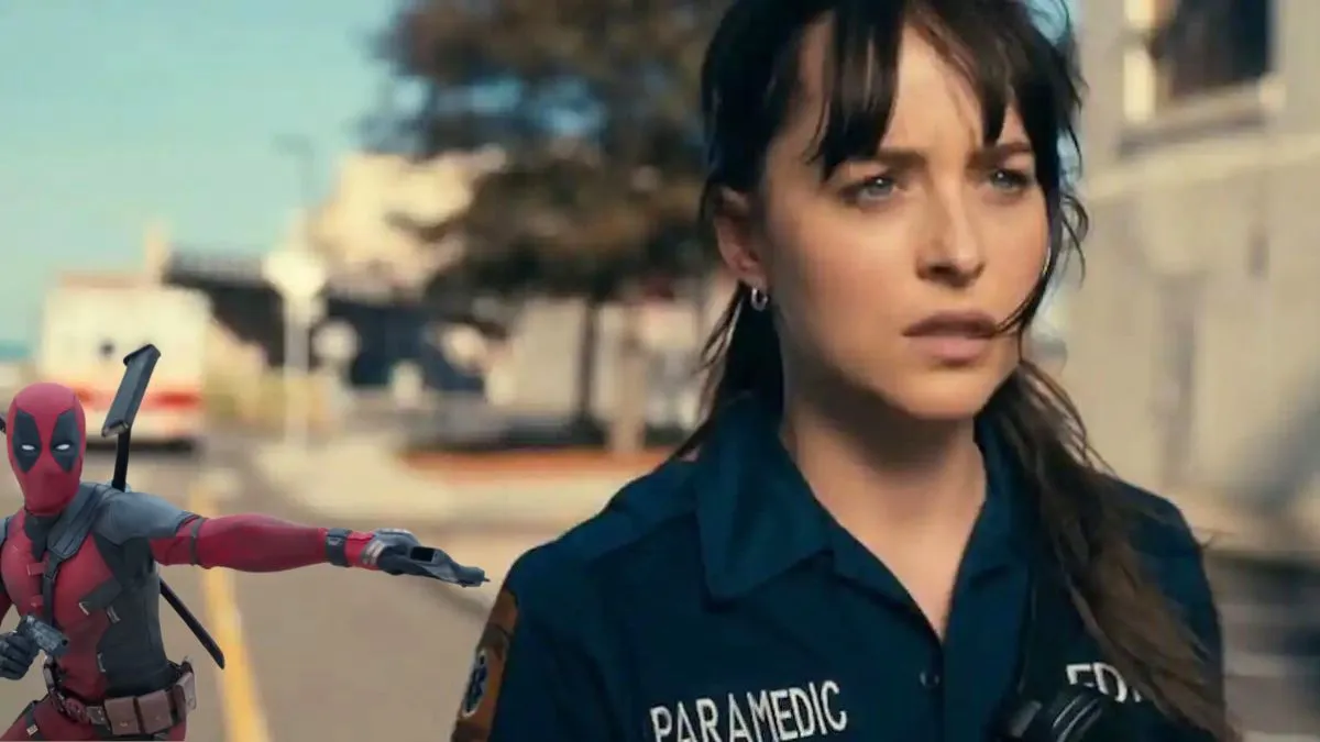 Edited photo featuring images from Madame Web and Deadpool 3: Cassandra Webb stares into the distance in her paramedic uniform as Deadpool creeps behind her with a gun