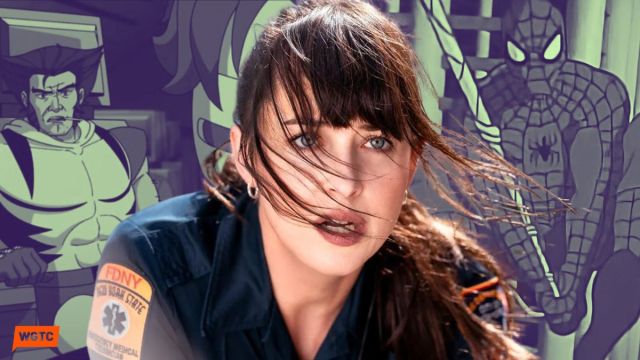 Dakota Johnson's Cassandra Webb from Madame Web flanked by screenshots from X-Men 97 and Spider-Man: The Animated Series
