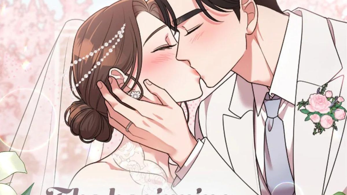 Jiwon and Jihyuk kissing at their wedding at the end of the 'Marry My Husband' webtoon 