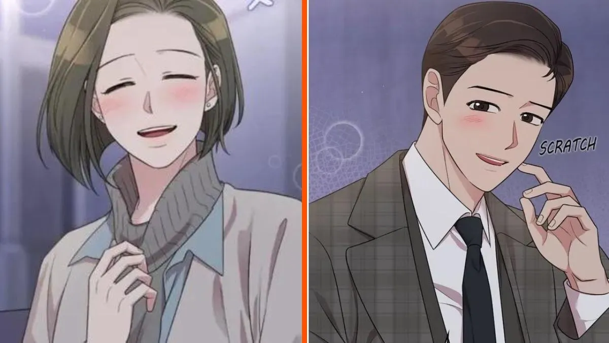 Jura smiling and blushing and Junseok blushing in the Marry My Husband webtoon