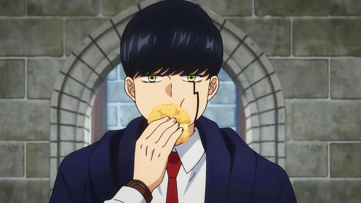 Mash eating a cream puff in Mashle Magic and Muscles