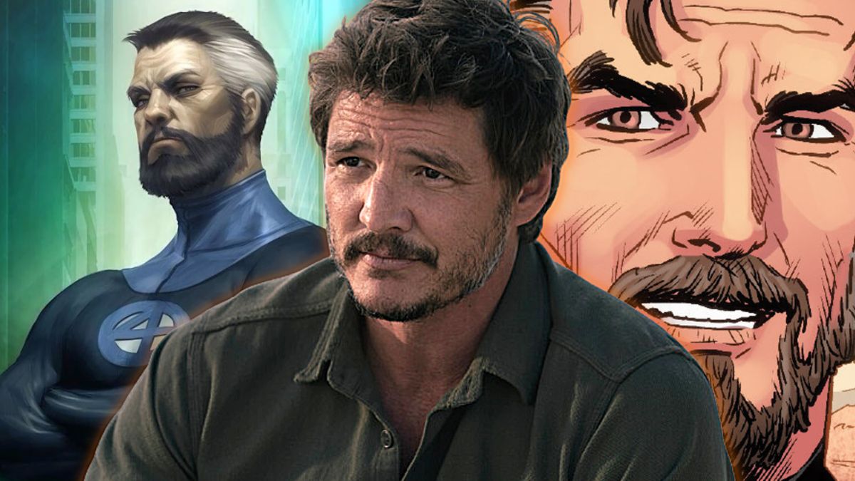 Panels from Marvel Comics 'Fantastic Four' featuring Reed Richards underneath an image of Pedro Pascal in HBO's 'The Last of US'.