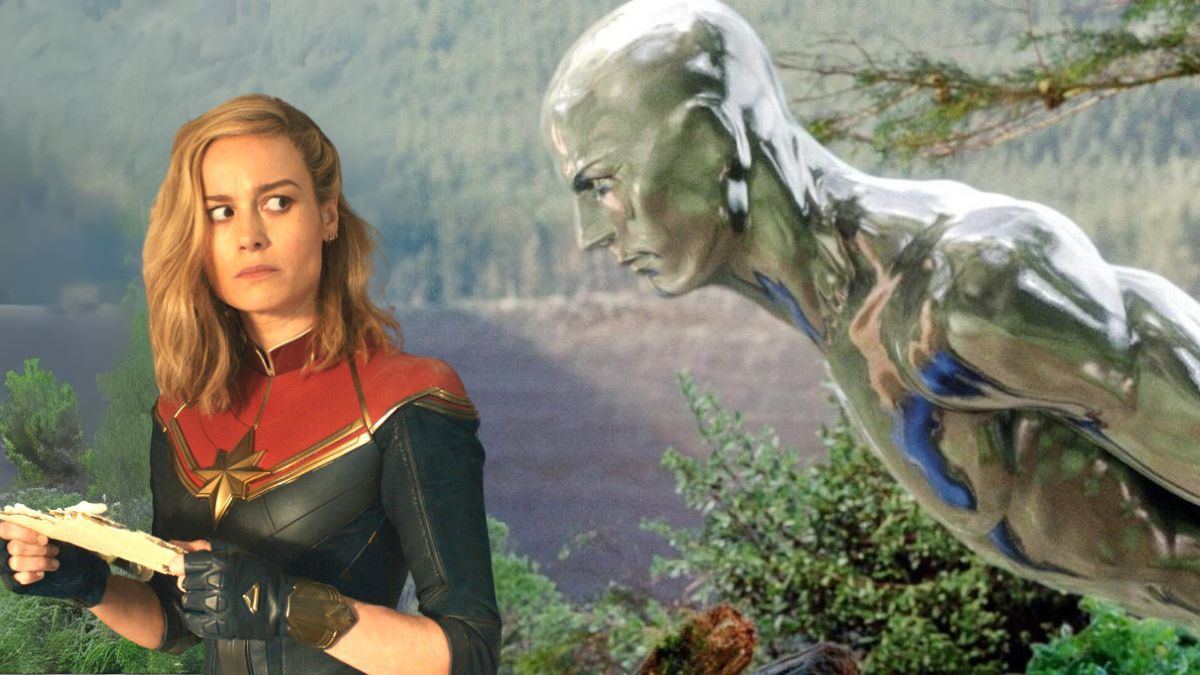 Edited image depicting Captain Marvel looking warily over her shoulder as Silver Surfer glares at her 