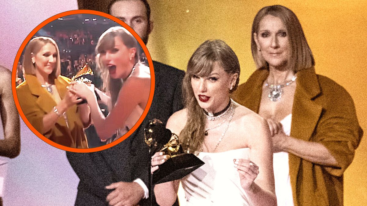 Photo montage of the moment Celine Dion handed Taylor Swift the Album of the Year award at the 2024 Grammys.