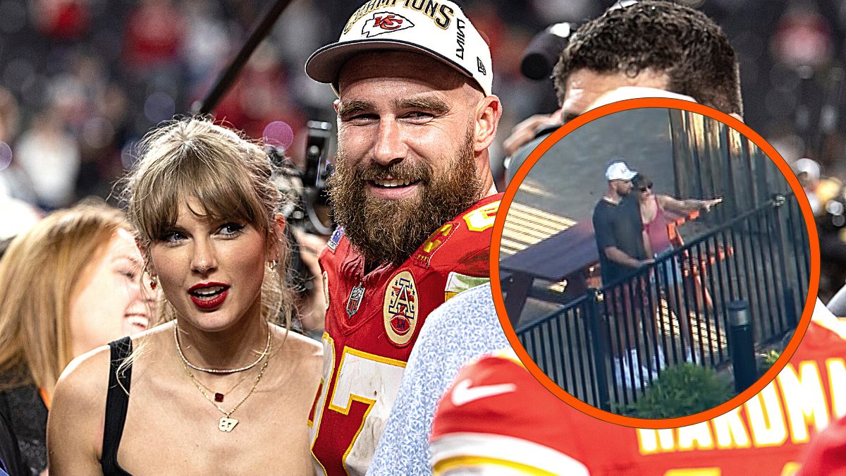 Photo montage of Taylor Swift and Travis Kelce at the Super Bowl 2024 and at a zoo in Sydney, Australia.