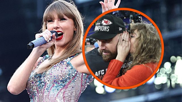Photo montage of Taylor Swift performing in Melbourne, Australia on February 16 and Taylor Swift and Travis Kelce celebrating a win against the Baltimore Ravens at M&T Bank Stadium on January 28. 2024.